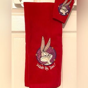 Looney Tunes Bugs Bunny Red Bath Towel & Wash Cloth Warner Bros Embroidered 80s